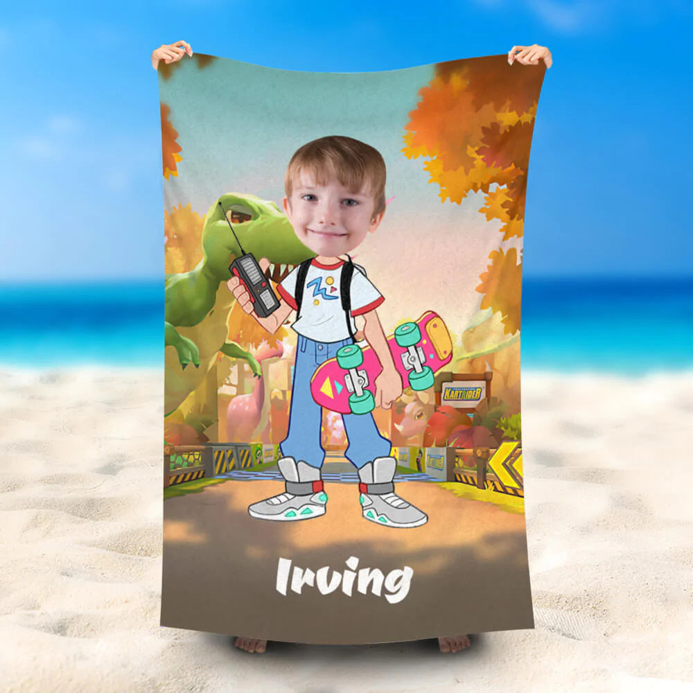 Lofaris Personalized Phone Boy Skateboard Dinosaur Beach Towel