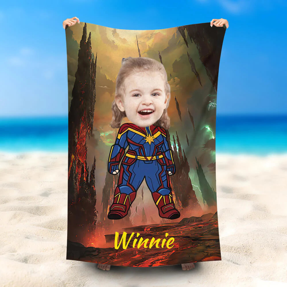 Lofaris Personalized Photo Face Captain Marvel Beach Towel