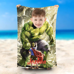 Lofaris Personalized Photo Face Green Hulk Boy Beach Towel