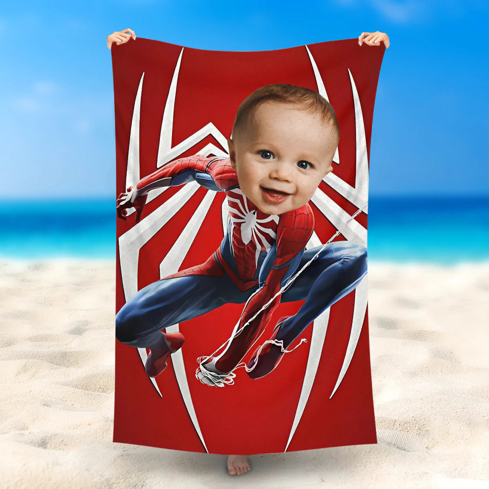 Lofaris Personalized Photo Face Red Spiderman Beach Towel