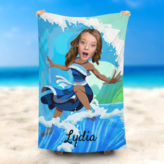 Lofaris Personalized Photo Face Surfing Girl Wave Beach Towel