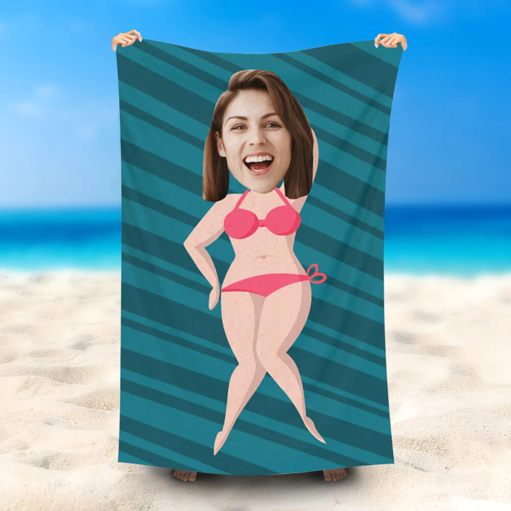 Lofaris Personalized Pink Bikini Lady Beach Towel With Photo