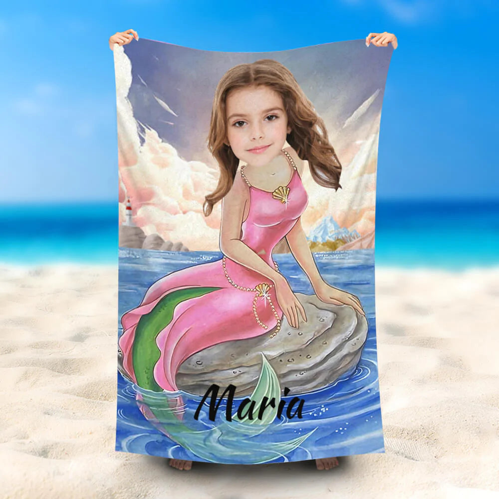 Lofaris Personalized Pink Dress Mermaid Stone Name Beach Towel