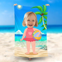 Lofaris Personalized Pink Swimsuit Girl Ball Sky Beach Towel