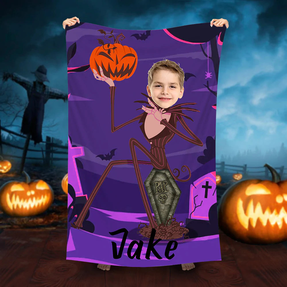 Lofaris Personalized Pumpkin Halloween Purple Photo Beach Towel