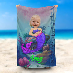 Lofaris Personalized Purple Mermaid Undersea Name Beach Towel