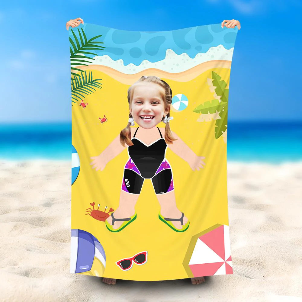 Lofaris Personalized Purple Swimsuit Girl Beach Towel With Face