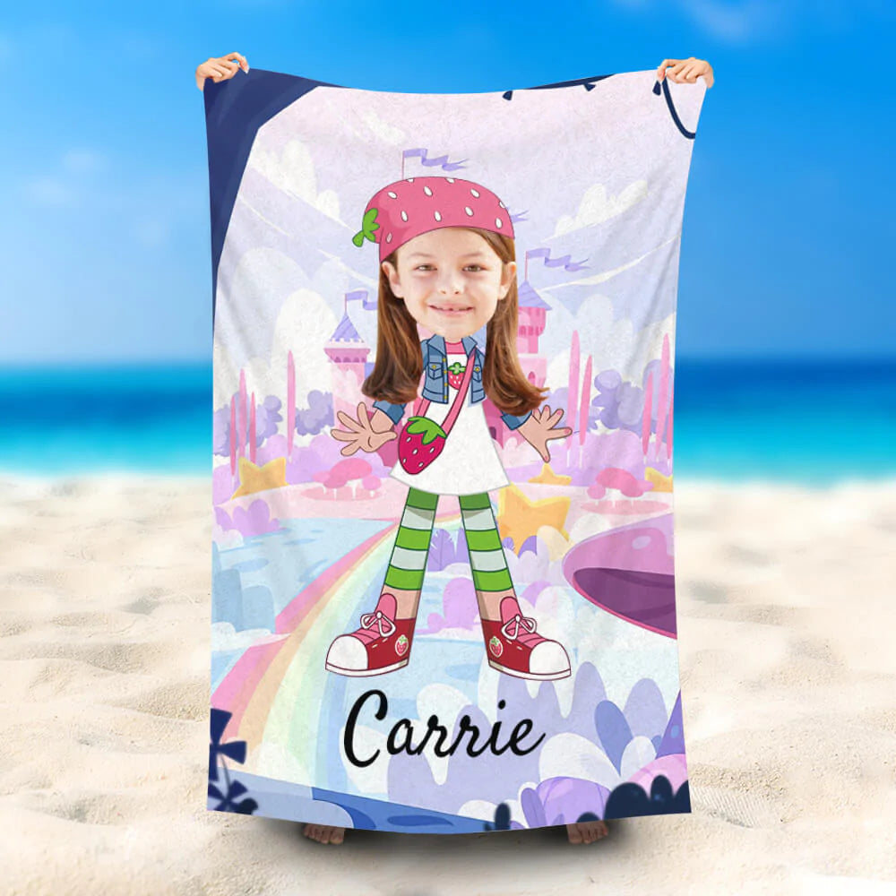 Lofaris Personalized Rainbow Pink Strawberry Girl Beach Towel