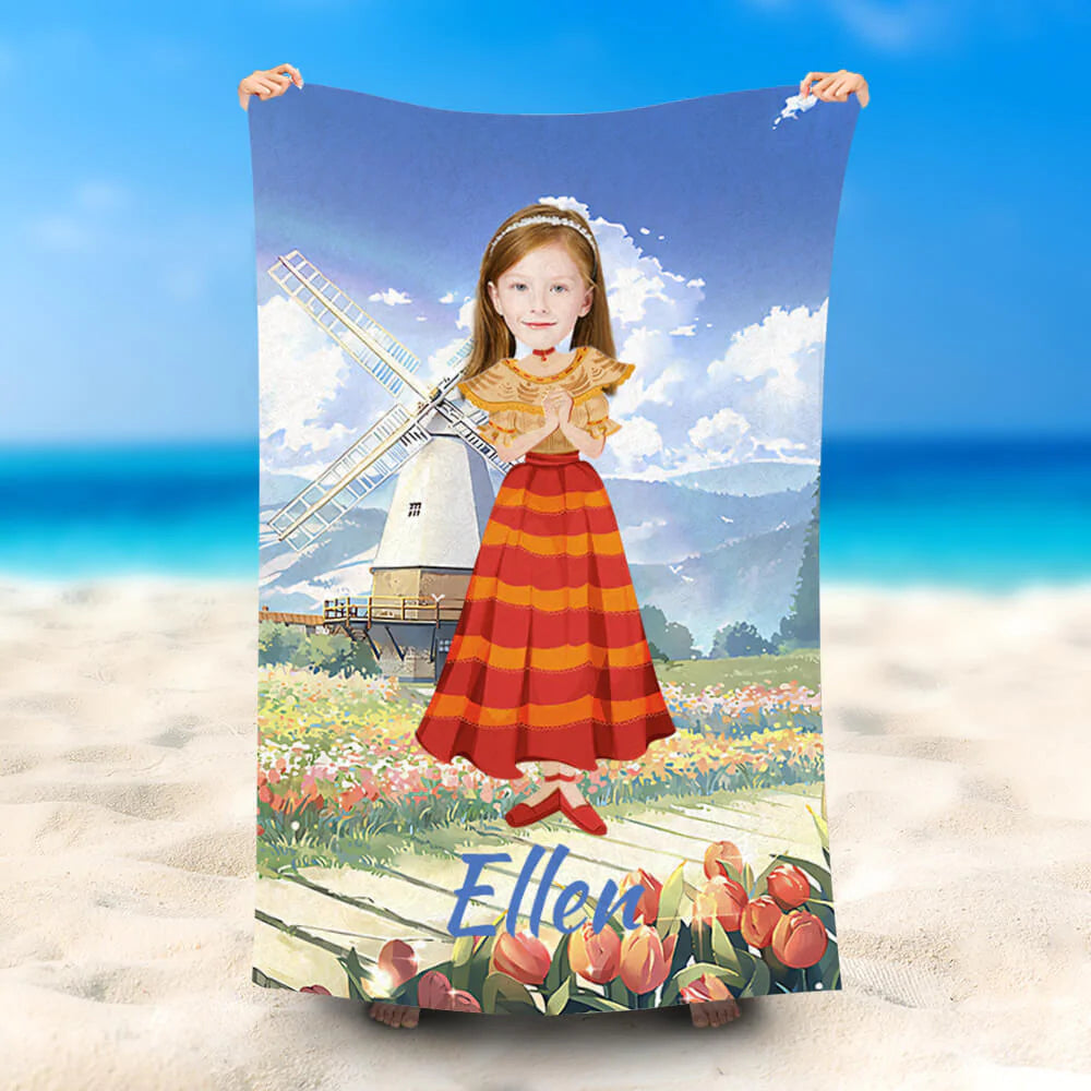 Lofaris Personalized Red Dress Girl Rural Beach Towel With Name