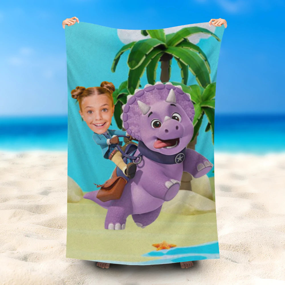 Lofaris Personalized Ride Triceratops Girl Beach Towel