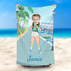 Lofaris Personalized Road Boat Coconut Trees Girl Beach Towel