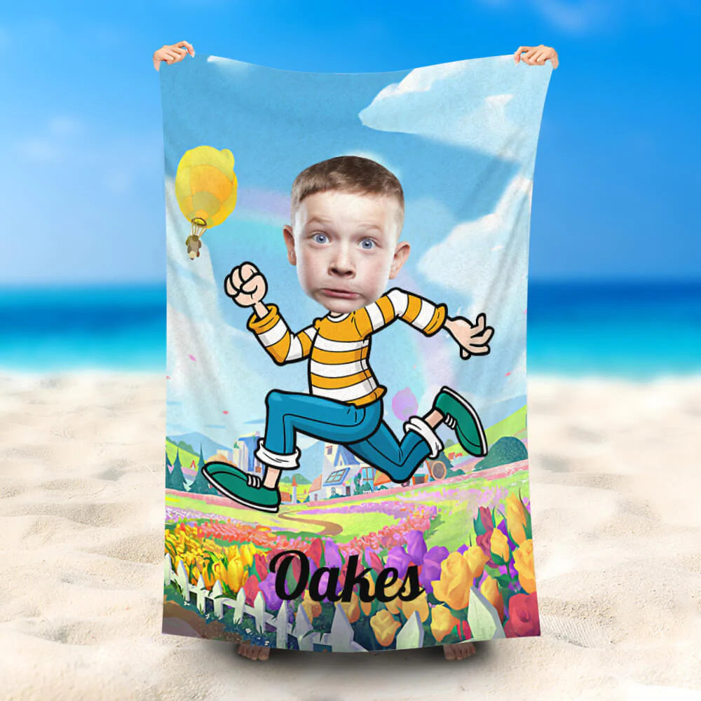 Lofaris Personalized Running Boy Floral Garden Beach Towel