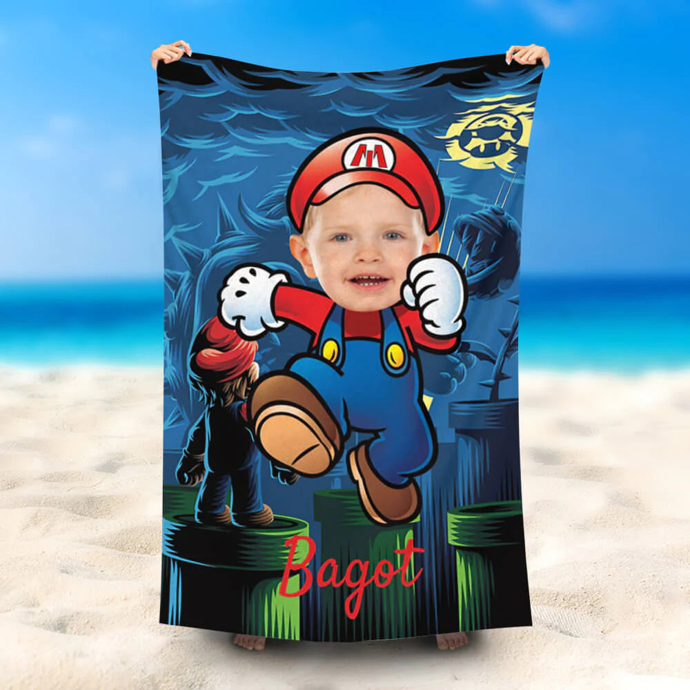 Lofaris Personalized Running Mario Blue Photo Beach Towel
