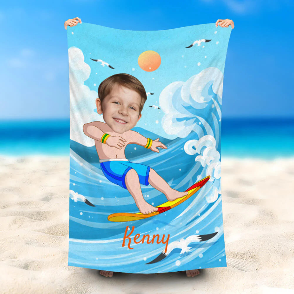 Lofaris Personalized Shorts Boy Surfing Sky Blue Beach Towel