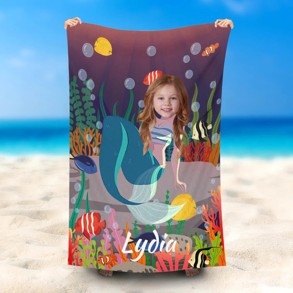 Lofaris Personalized Sitting Mermaid Girl Photo Beach Towel