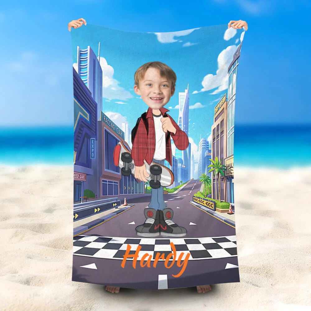 Lofaris Personalized Skateboard Racing Boy Beach Towel With Name