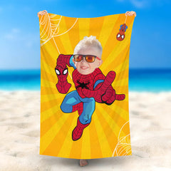 Lofaris Personalized Spiderboy Orange Stripe Photo Beach Towel