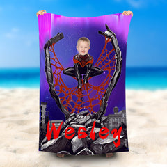 Lofaris Personalized Spiderboy Purple Beach Towel With Photo