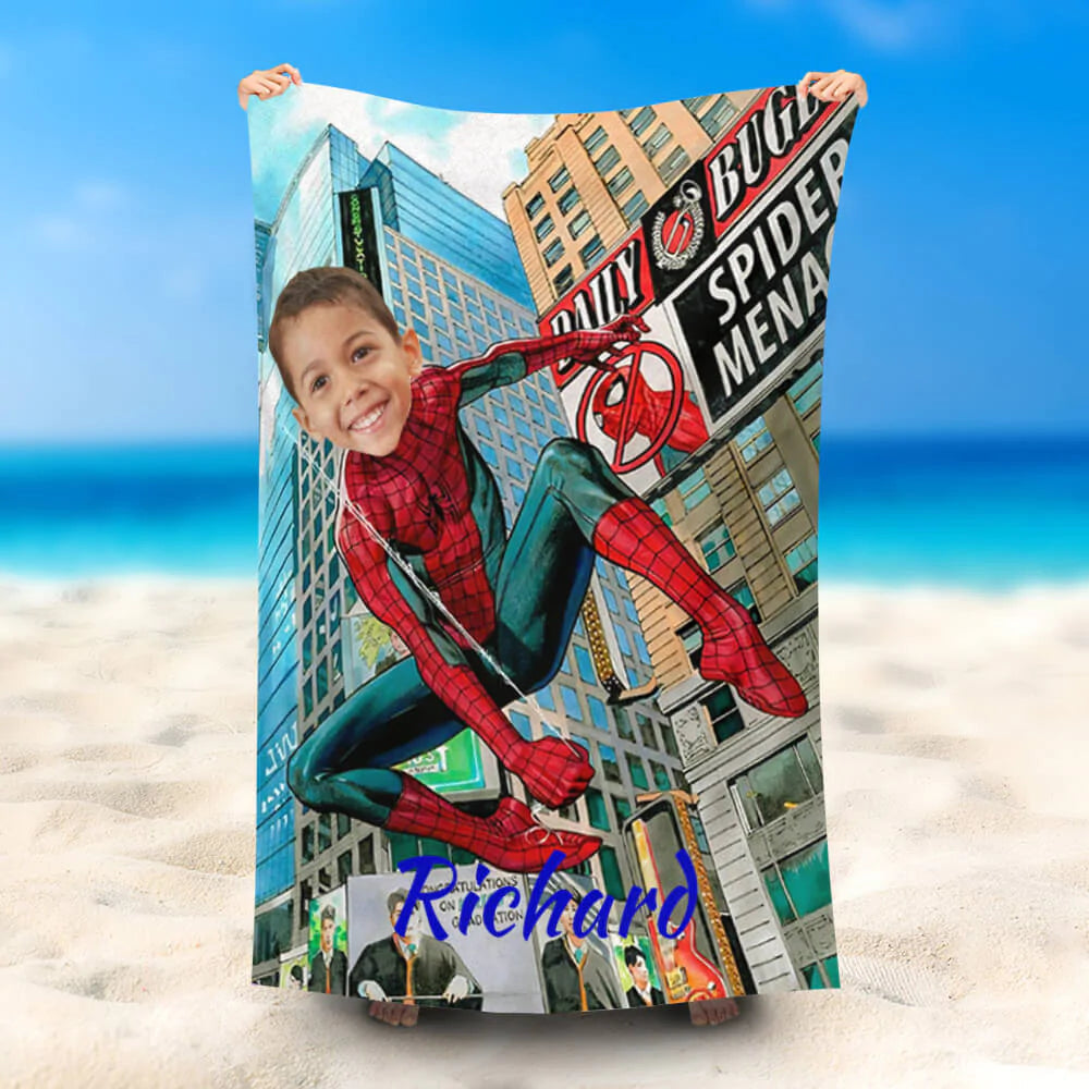 Lofaris Personalized Spiderboy Swing Building Beach Towel