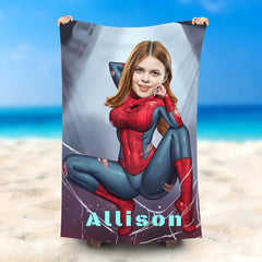 Lofaris Personalized Spiderwoman And Name Grey Beach Towel