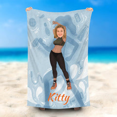 Lofaris Personalized Sports Woman Face And Name Grey Beach Towel