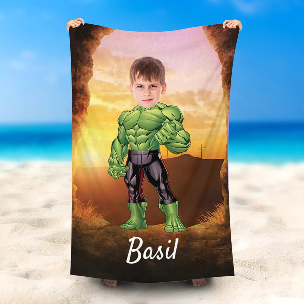 Lofaris Personalized Standing Hulk Sunset Mountain Beach Towel