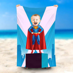 Lofaris Personalized Standing Superboy Top City Beach Towel