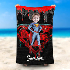 Lofaris Personalized Standing Superman Face Black Beach Towel