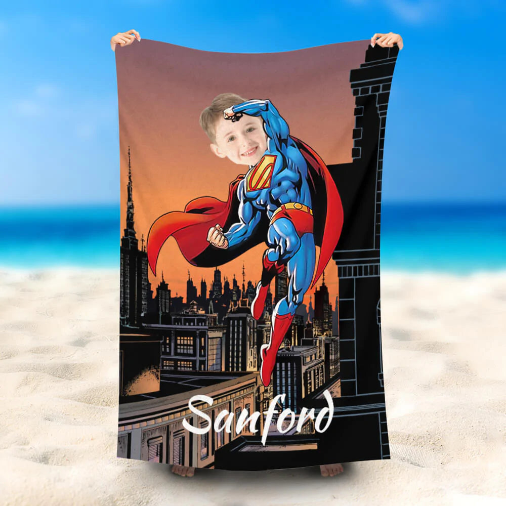 Lofaris Personalized Sunset City Superman Beach Towel With Face