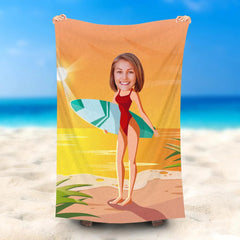 Lofaris Personalized Sunset Surf Girl Beach Towel With Photo