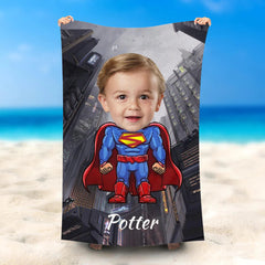 Lofaris Personalized Super Boy Tall Building Beach Towel