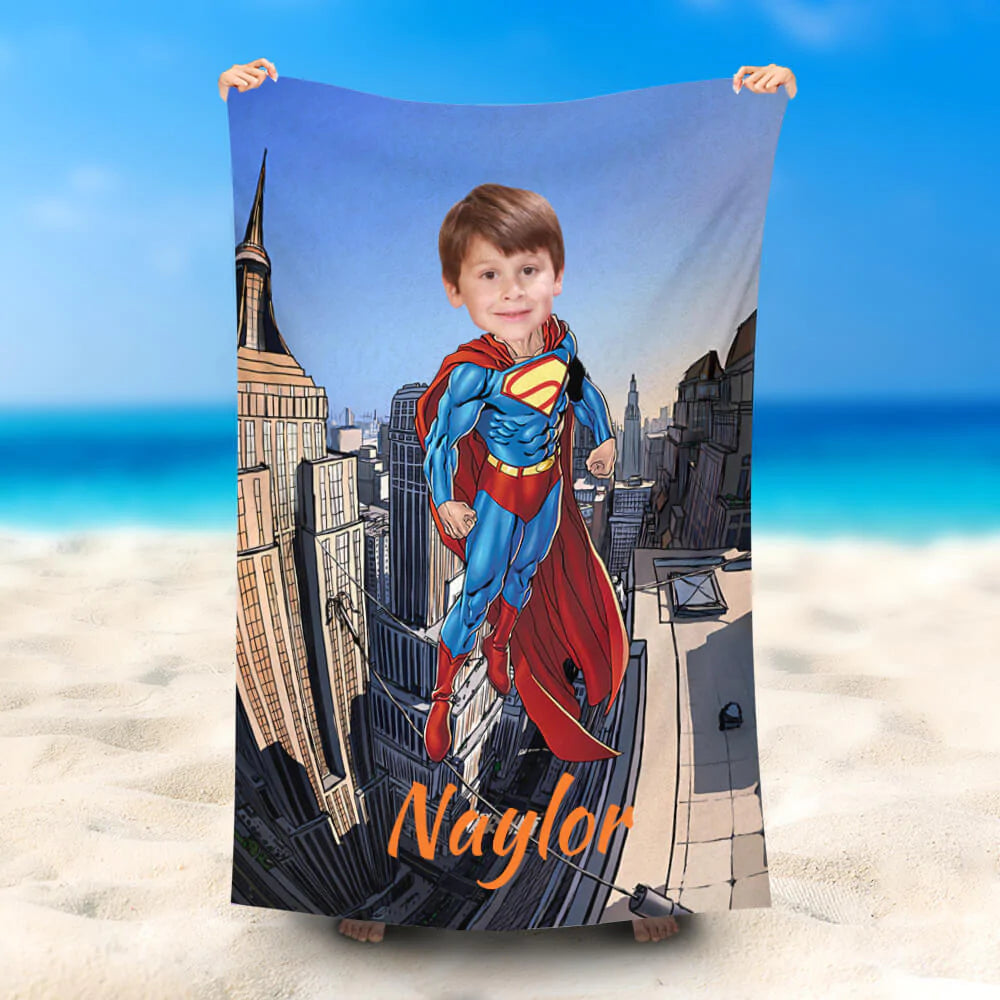 Lofaris Personalized Superboy Flying Top City Summer Beach Towel