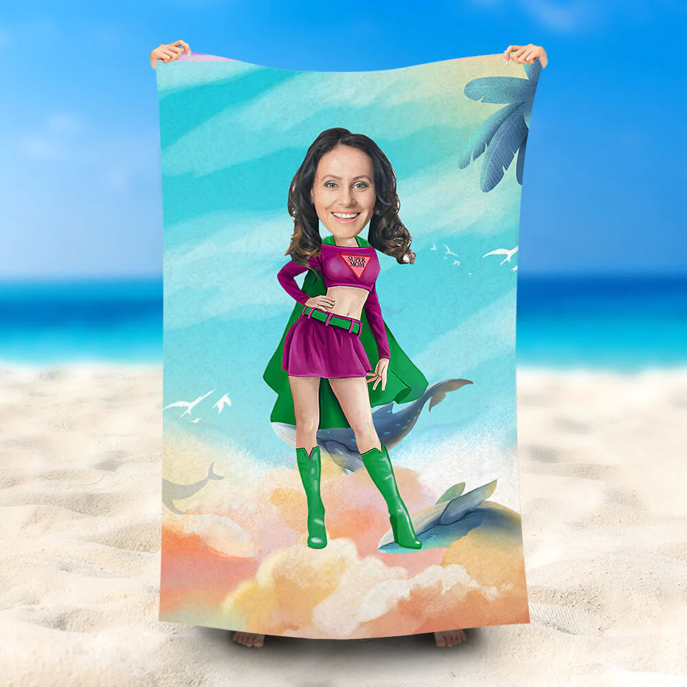 Lofaris Personalized Supermom Green Cloak Beach Towel With Photo