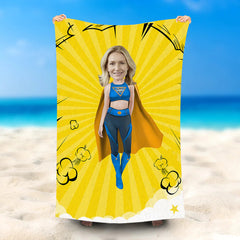 Lofaris Personalized Superwoman Yellow Beach Towel With Face