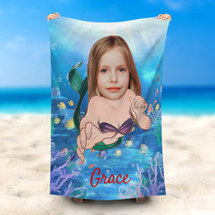 Lofaris Personalized Swimming Mermaid Undersea Face Beach Towel