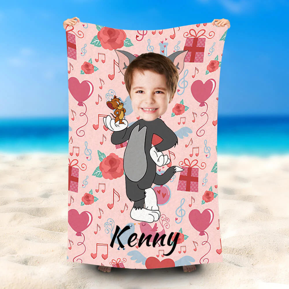 Lofaris Personalized Tom And Jerry Pink Beach Towel With Face