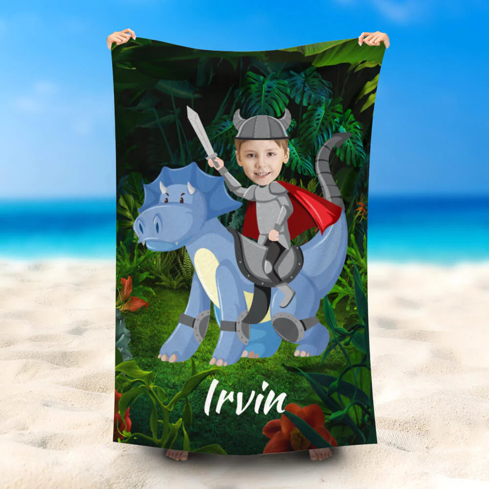 Lofaris Personalized Triceratops Knight Boy Beach Towel