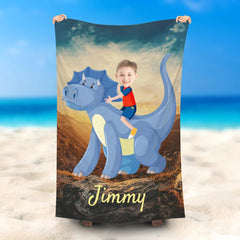 Lofaris Personalized Triceratops Photo Beach Towel For Boy