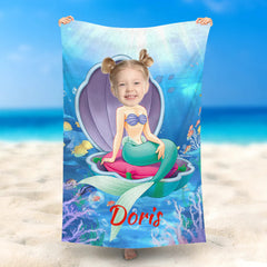 Lofaris Personalized Tridacina Mermaid Blue Ocean Beach Towel