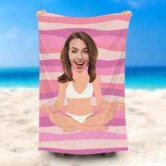 Lofaris Personalized White Bikini Girl Face Stripe Beach Towel