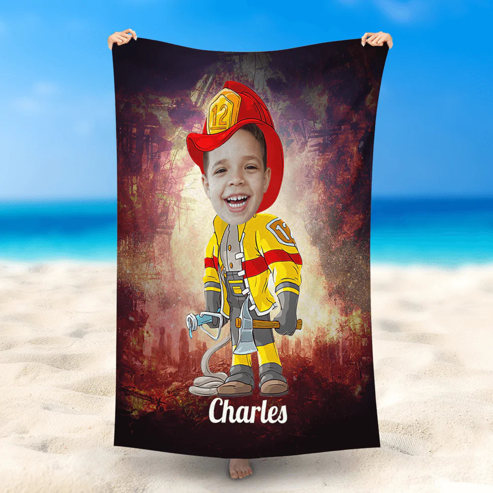 Lofaris Personalized Yellow Suit Fireman Fire Scene Beach Towel