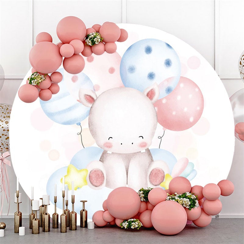 Lofaris Pink And Blue Ballons Round Hippo Baby Shower Backdrop