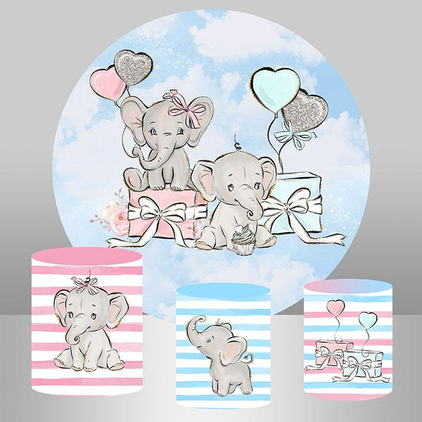 Pink And Blue Elephant Round Backdrop For Baby Shower