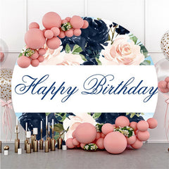 Lofaris Pink And Dark Blue Flower Round Happy Birthday Backdrop