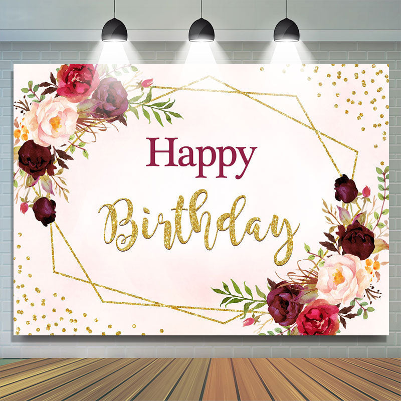 Lofaris Pink And Dark Red Floral Happy Birthday Party Backdrop