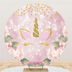 Lofaris Pink And Glitter Leaves Unicorn Round Birthday Backdrop