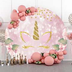 Lofaris Pink And Glitter Leaves Unicorn Round Birthday Backdrop