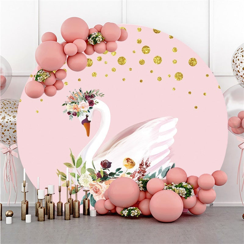 Lofaris Pink And Golden Floral Swan Themed Circle Backdrop