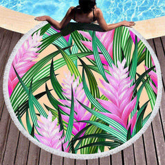 Lofaris Pink And Greenery Plants Yellow Large Round Beach Blanket