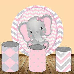 Lofaris Pink And Grey Elephant Round Girls Birthday Backdorp Kit